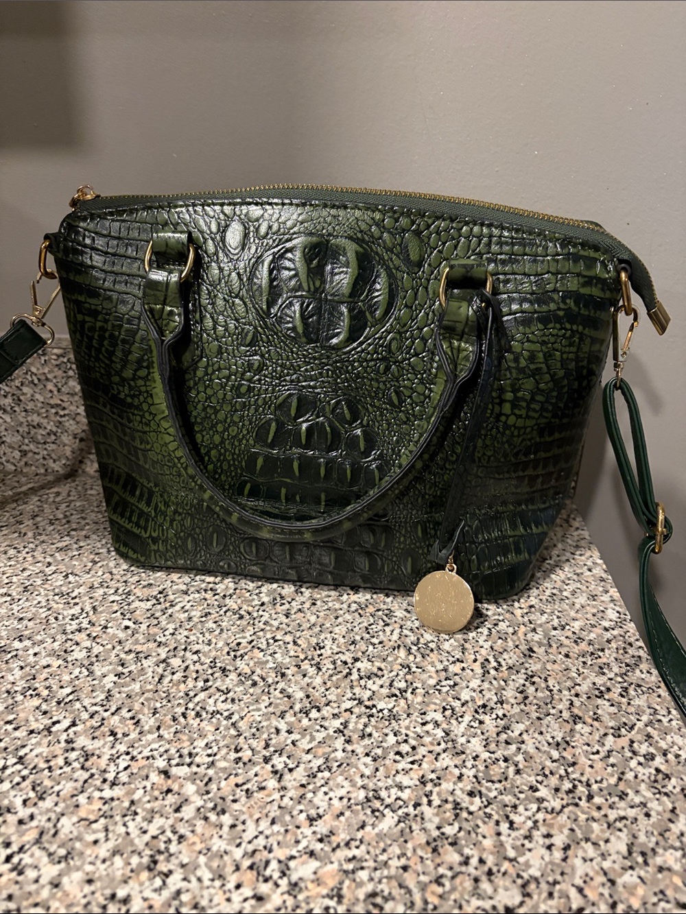 Textured Croc-Embossed Green Satchel Bag